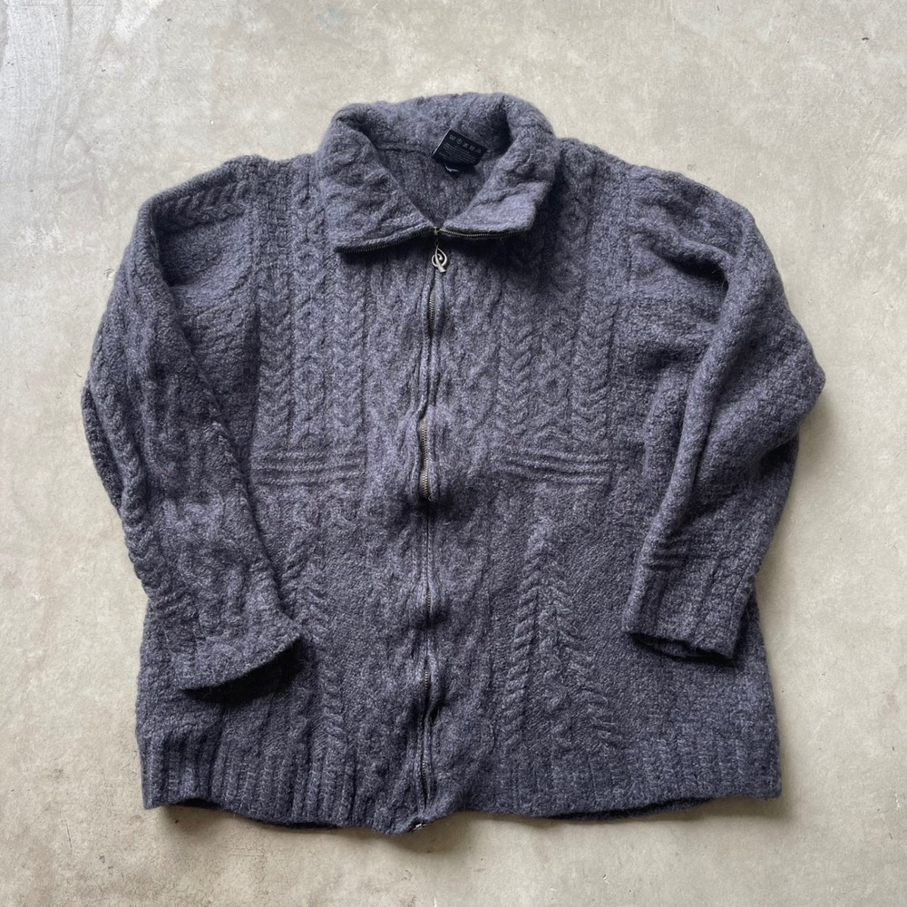 Aran Woollen Mills Merino Wool Cable Knit Full Zip Cardigan Sweater Grey XXL